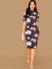 SHEIN Clasi Mock Neck Floral Print Pencil Dress - Navy Blue - View 1