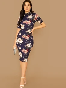 SHEIN Clasi Mock Neck Floral Print Pencil Dress - Navy Blue - View 5