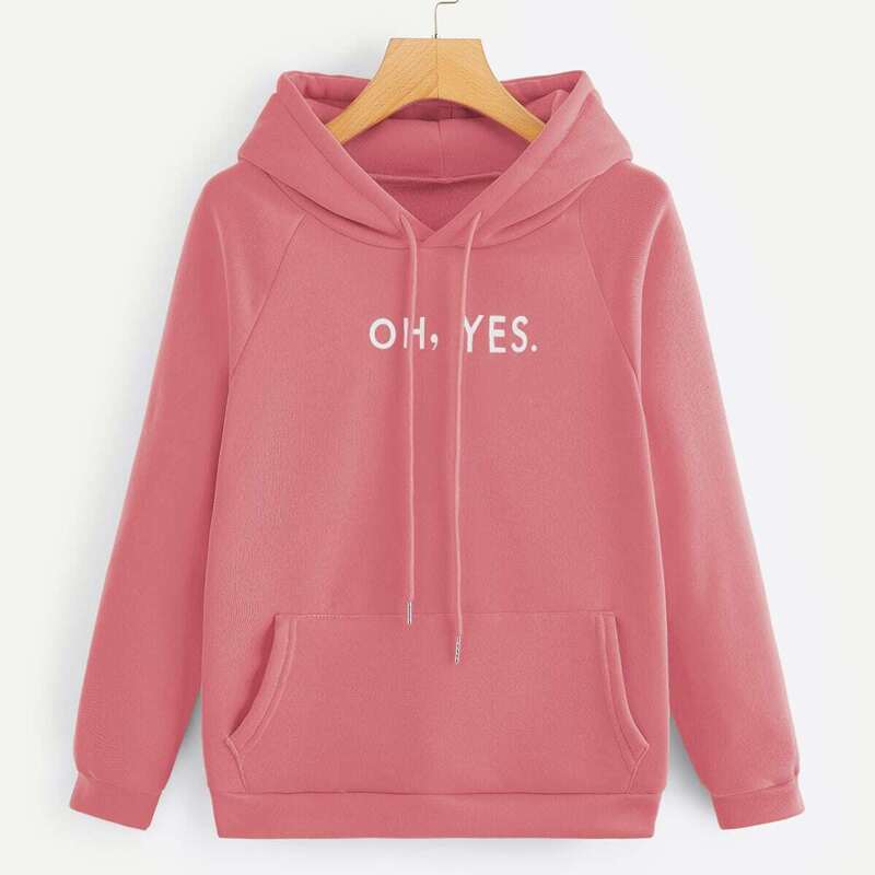 

Slogan Graphic Kangaroo Pocket Drawstring Hoodie, Pink