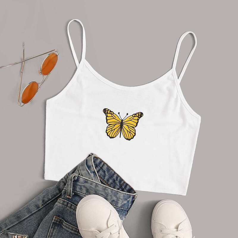 

Butterfly Print Crop Cami Top, White