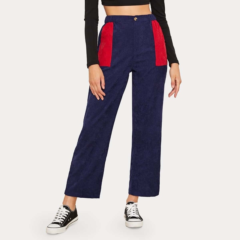

Contrast Pocket Button Up Corduroy Pants, Navy