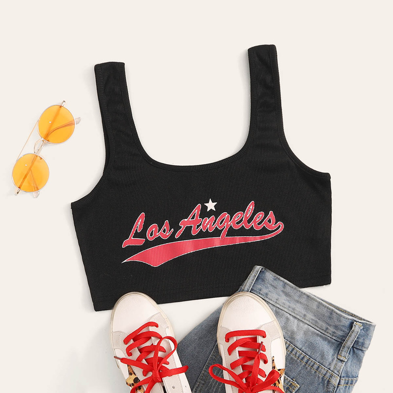 

Letter Print Crop Tank Top, Black