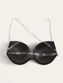Crisscross Back Clear Strap Underwire Bra - Black - View 2