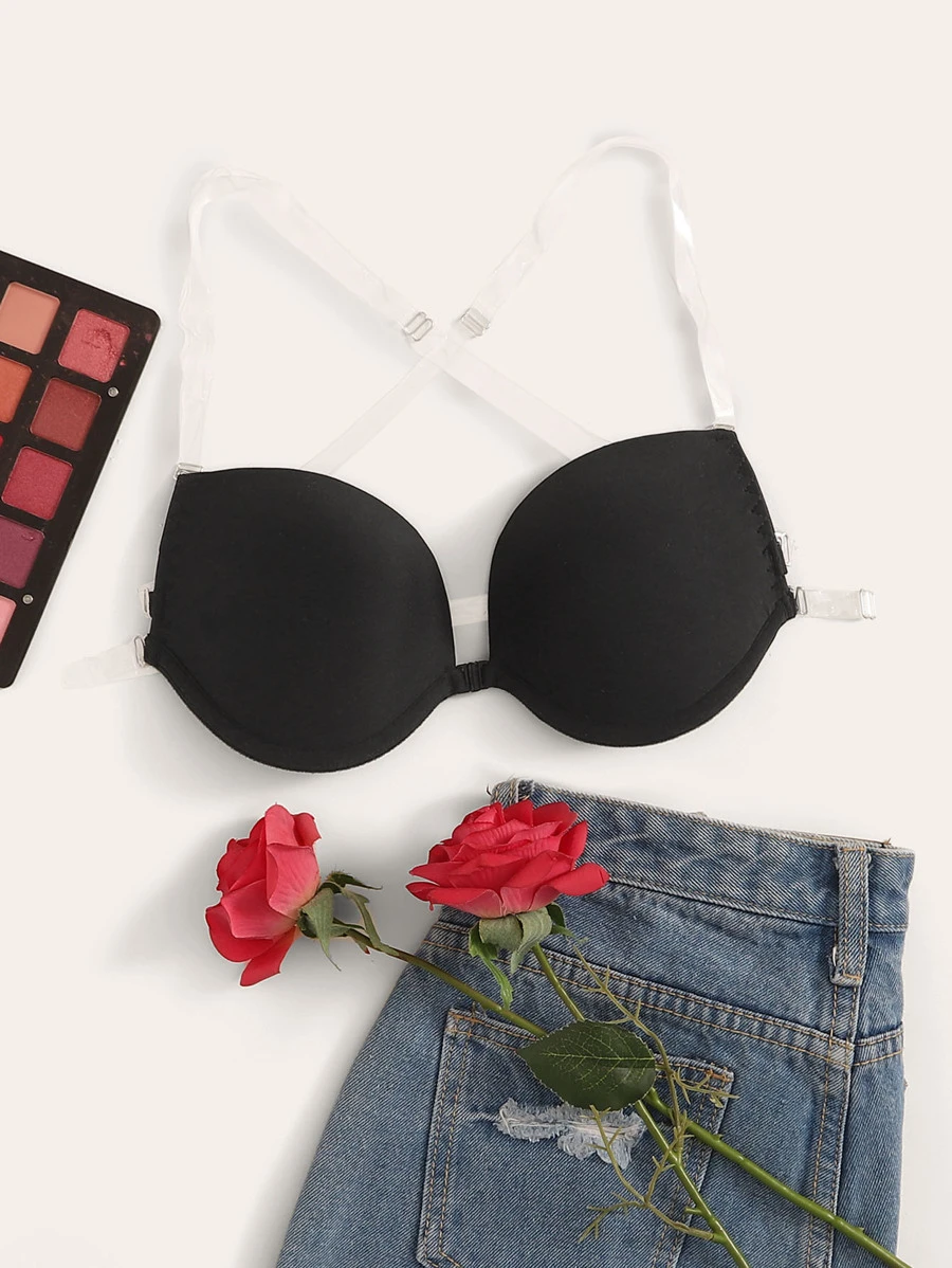 Crisscross Back Clear Strap Underwire Bra - Black - View 1