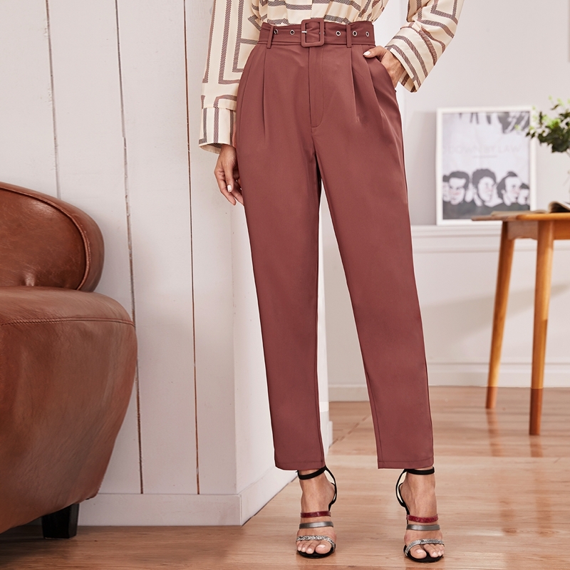 

Buckle Belted Detail Slant Pocket Cigarette Pants, Redwood