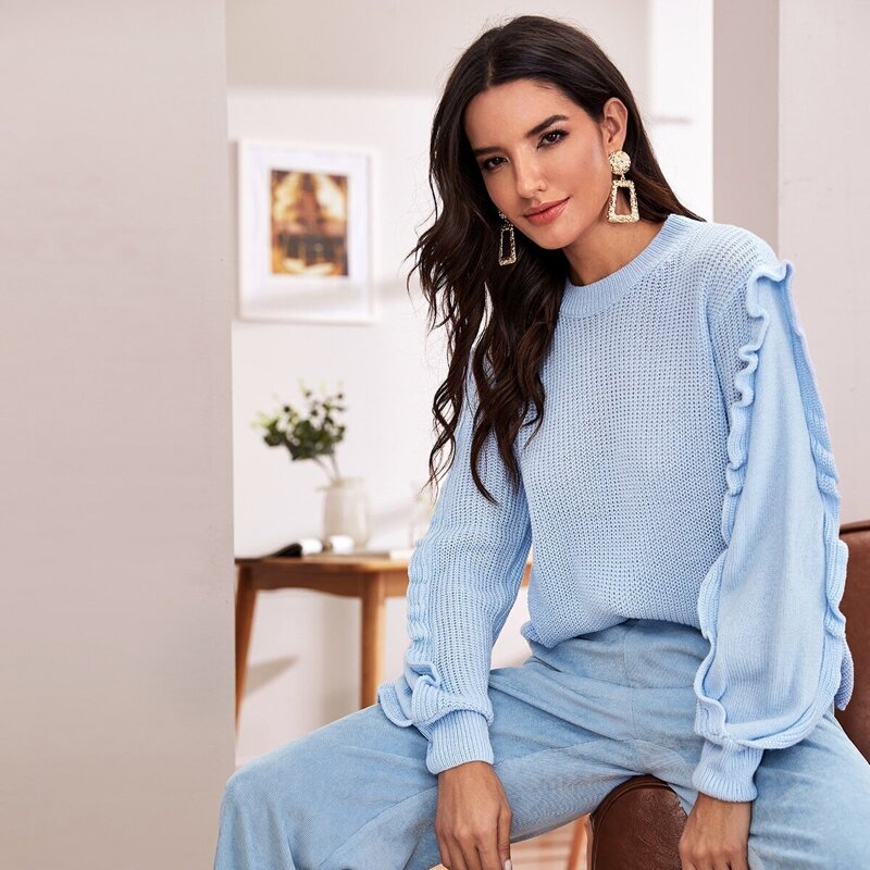 

Ruffle Trim Lantern Sleeve Solid Sweater, Blue pastel