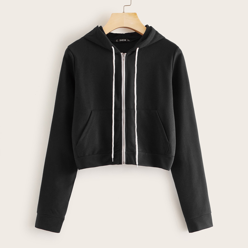 

Long Sleeve Drawstring Zip-Up Hoodie, Black
