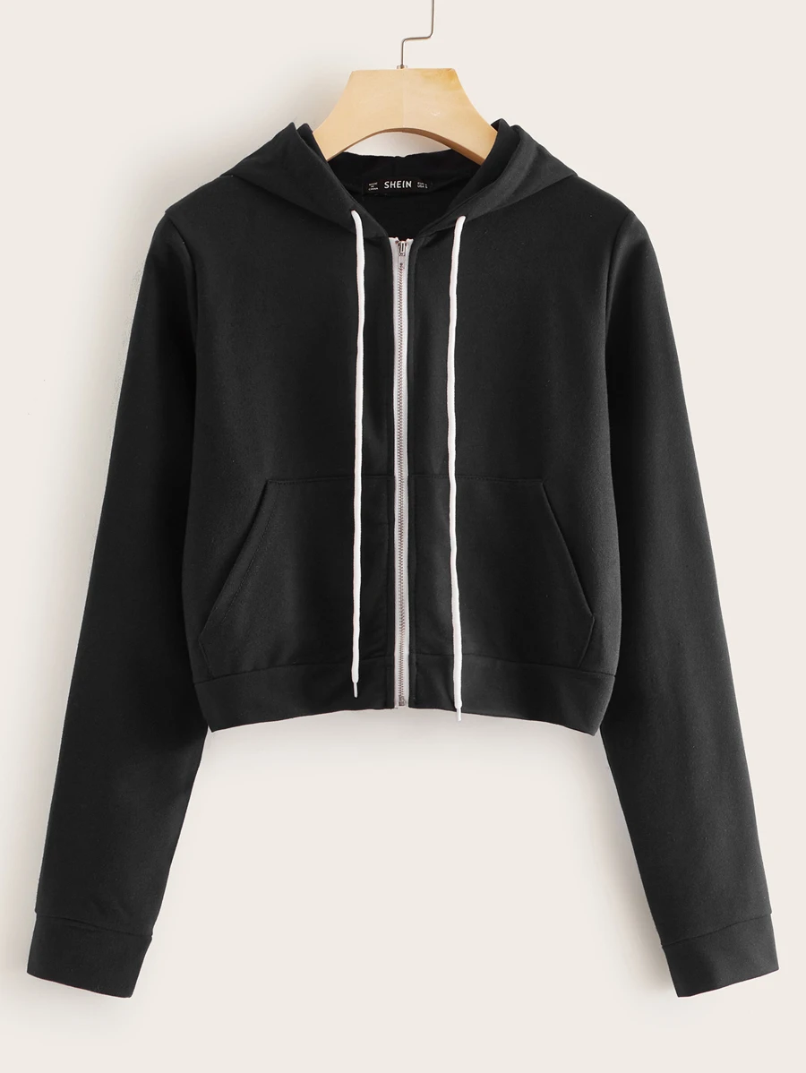 SHEIN Sudadera con capucha con cremallera con bolsillo delantero - Negro - Ver 1
