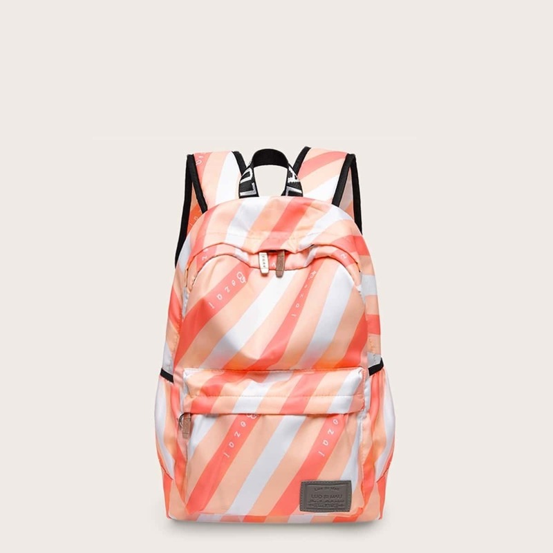 

Striped Print Pocket Front Backpack, Pink