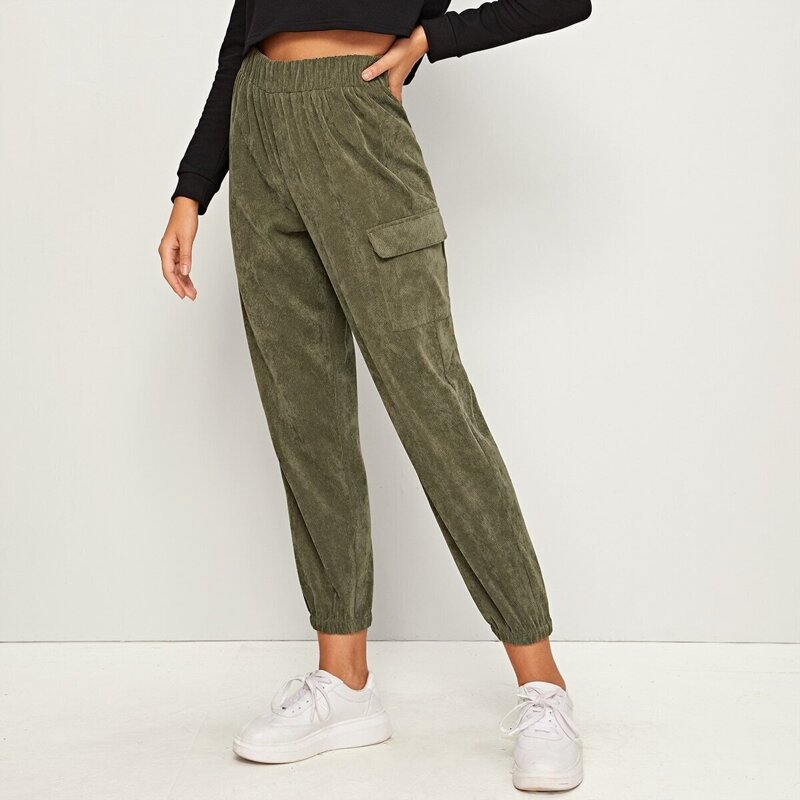 

Elastic Waist Flap Pocket Front Cord Pants, Army green