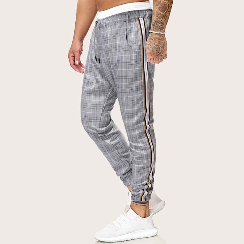 

Guys Side Stripe Plaid Drawstring Pants, Grey