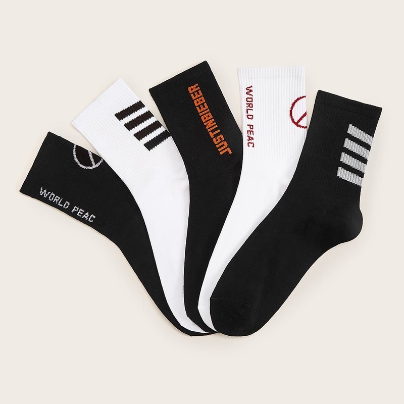 

Guys Striped & Letter Pattern Socks 5pairs, Black and white