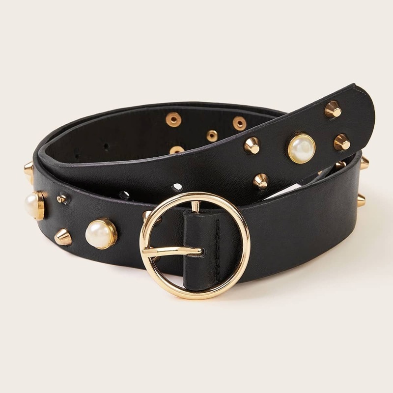 

Faux Pearl Decor O-ring Belt, Black