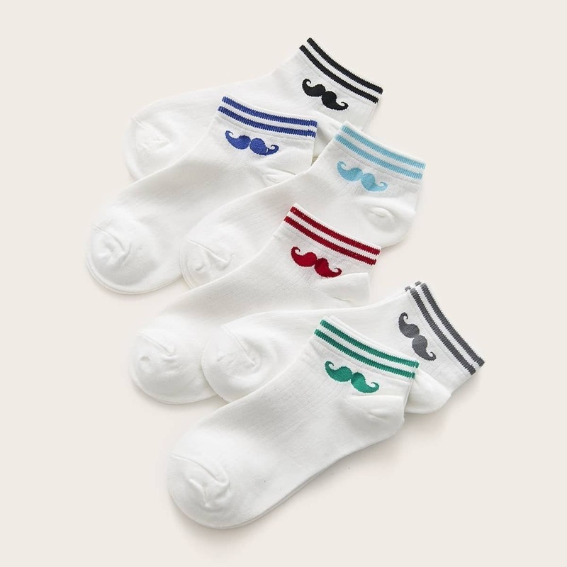 

Striped Trim Moustache Pattern Socks 6pairs, White