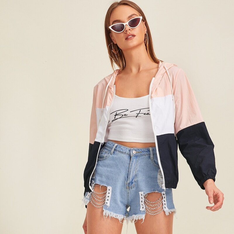 

Cut And Sew Drawstring Hooded Windbreaker Jacket, Multicolor