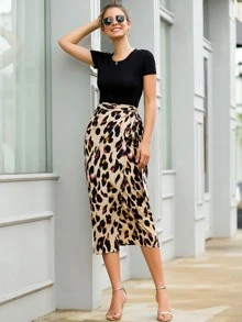 Leopard Print Tie Side Wrap Skirt - Multicolor - View 3