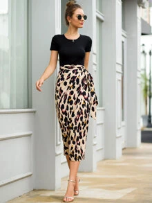Leopard Print Tie Side Wrap Skirt - Multicolor - View 4
