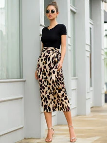 Leopard Print Tie Side Wrap Skirt - Multicolor - View 5