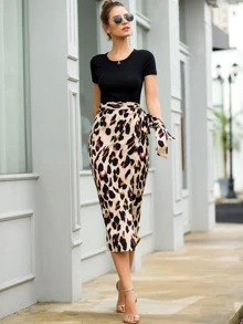 Leopard Print Tie Side Wrap Skirt - Multicolor - View 6