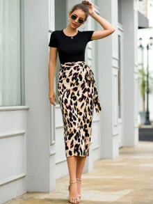 Leopard Print Tie Side Wrap Skirt - Multicolor - View 9