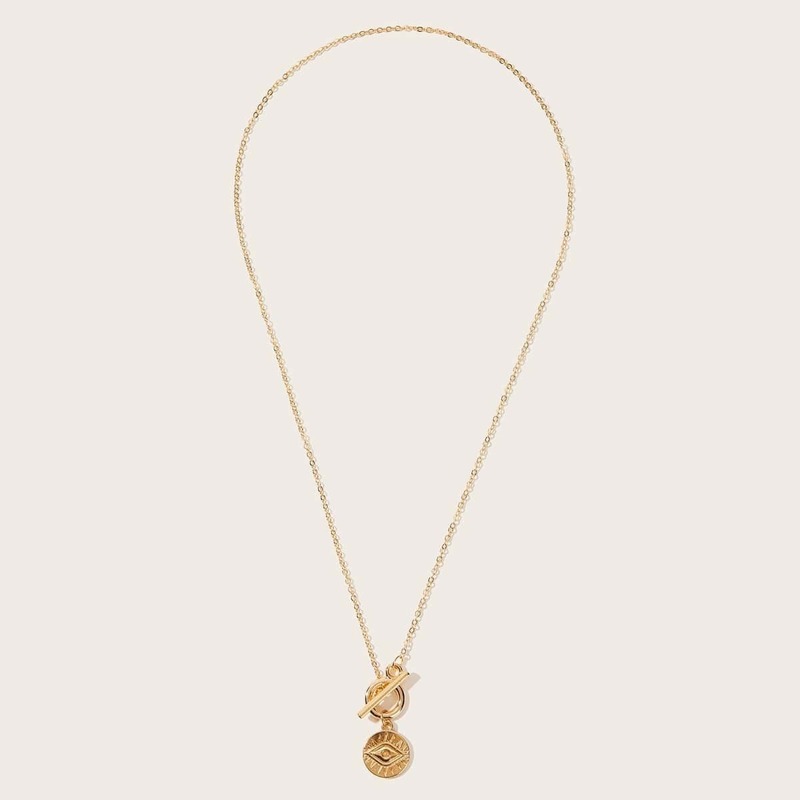 

Eye Engraved Disk Charm Chain Necklace, Gold