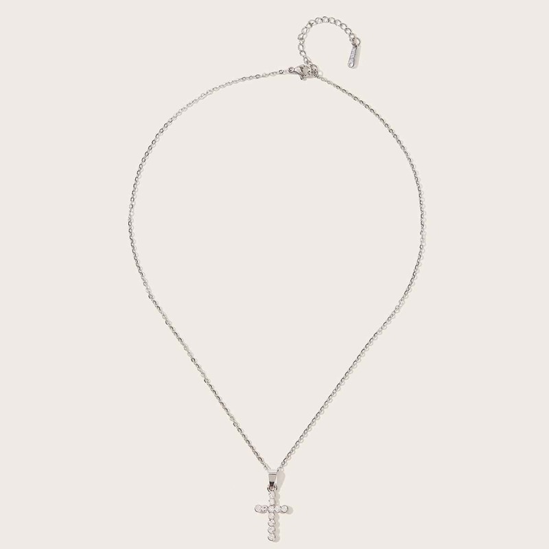 

Rhinestone Engraved Cross Pendant Necklace, Silver