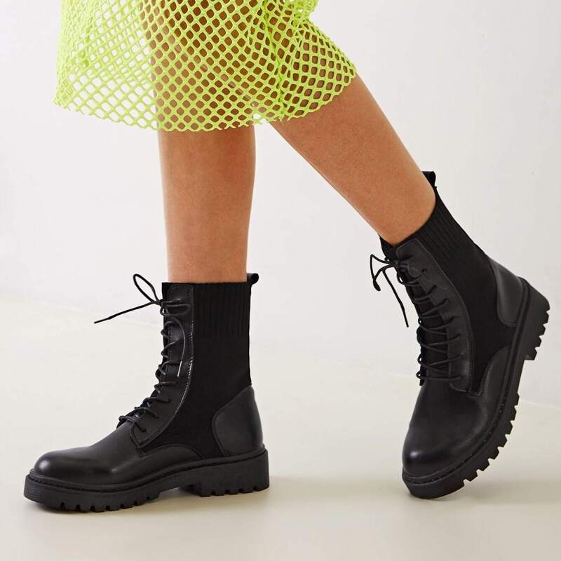 

Lace-up Front Lug Sole Combat Boots, Black