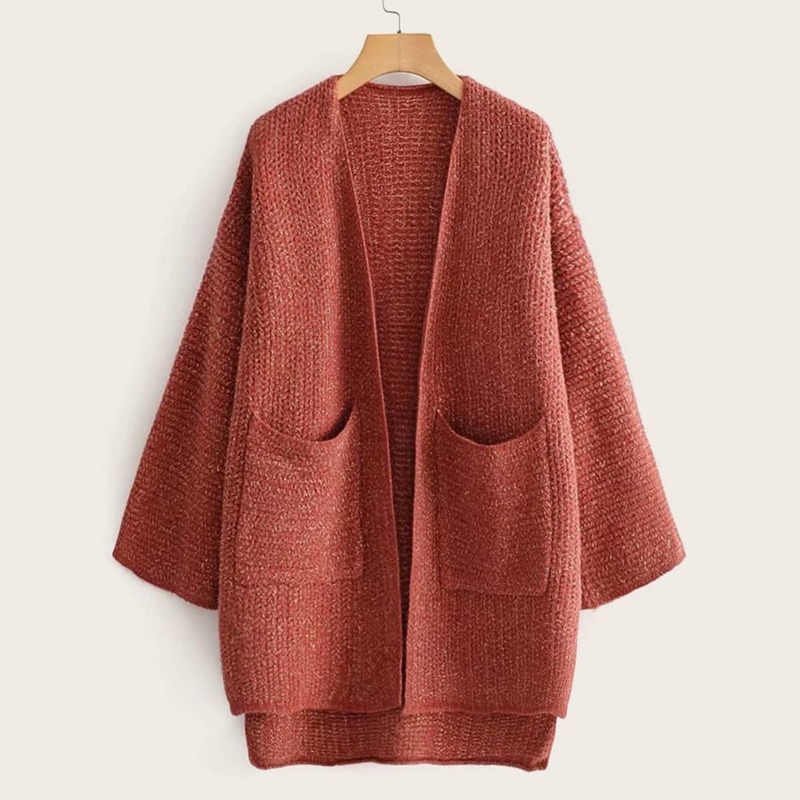 

Open Front Dual Pocket High Low Hem Cardigan, Red