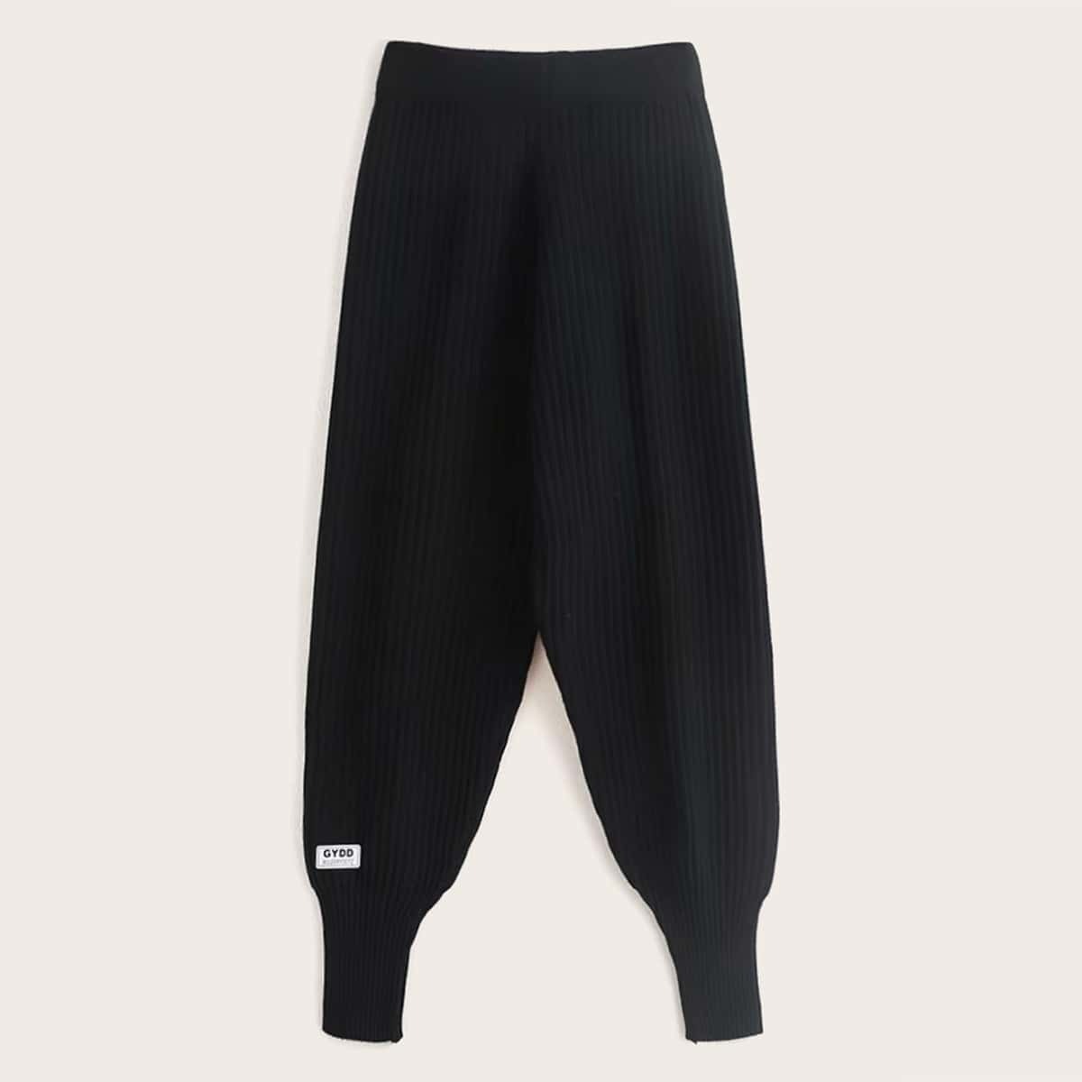 

Letter Patched Ribbed Knit Carrot Sweater Pants, Black