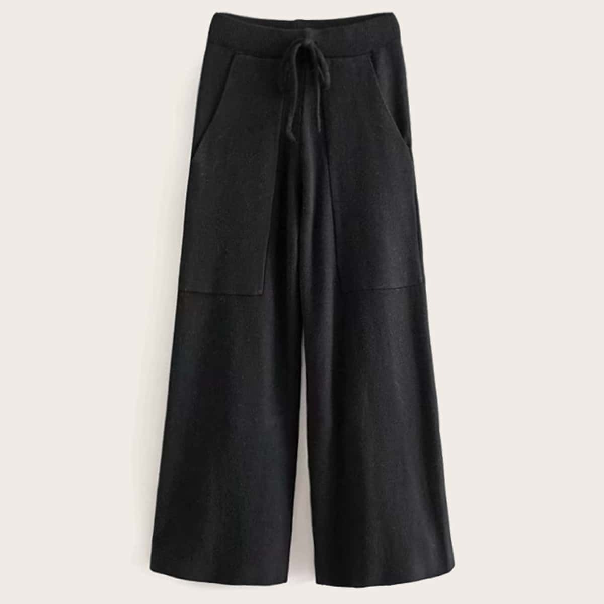 

Slant Pocket Drawstring Waist Wide Leg Sweater Pants, Black