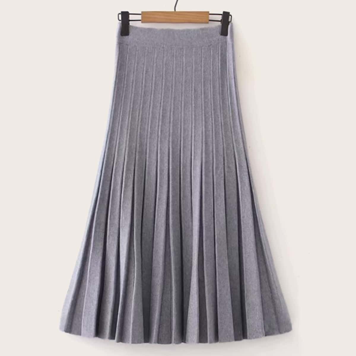 

Solid Ribbed Knit Pleated Sweater Skirt, Grey