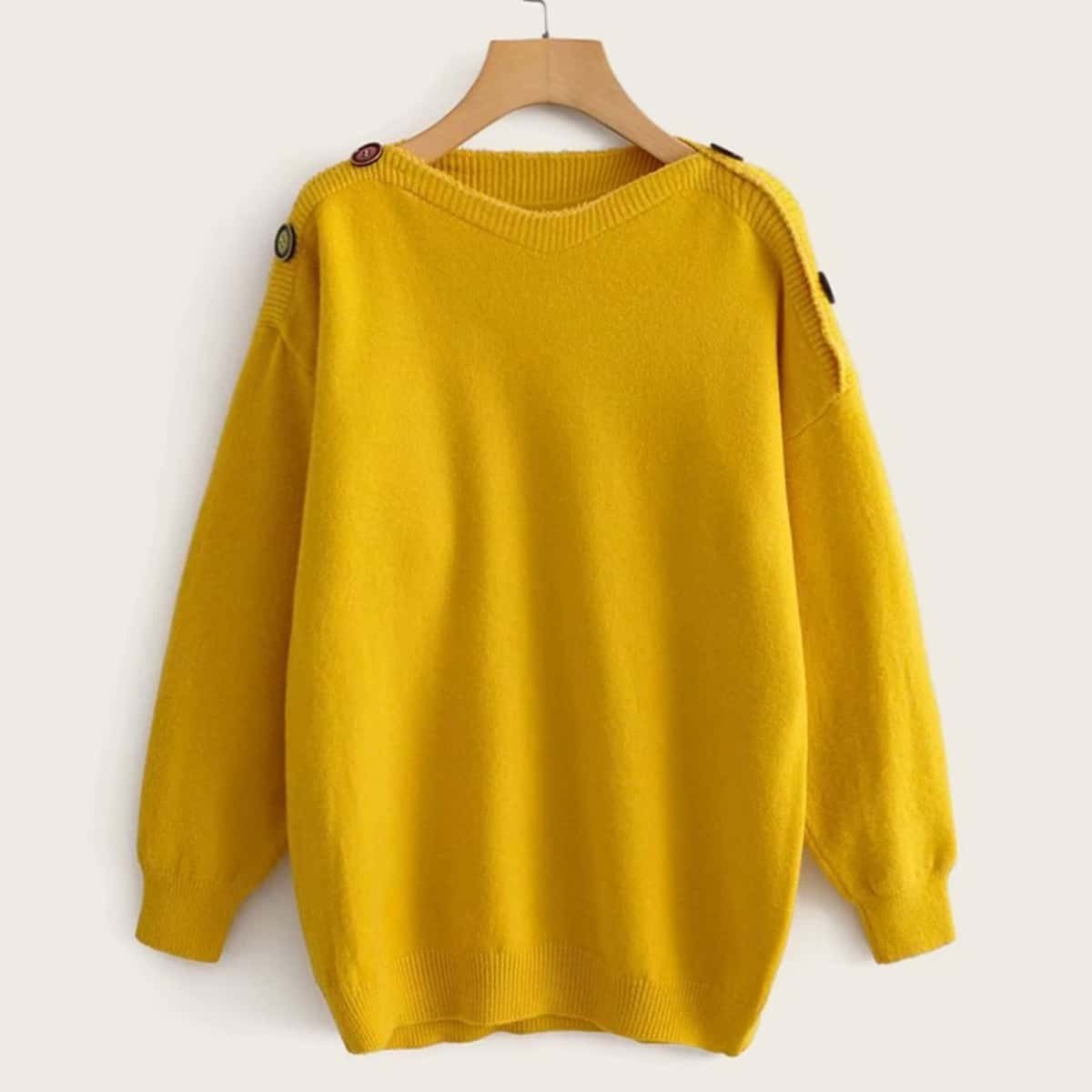 

Solid Button Decoration Drop Shoulder Sweater, Yellow
