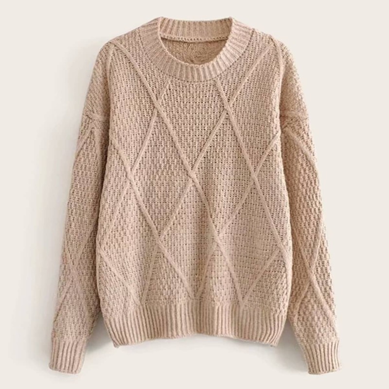 

Solid Argyle Knit Drop Shoulder Sweater, Nude