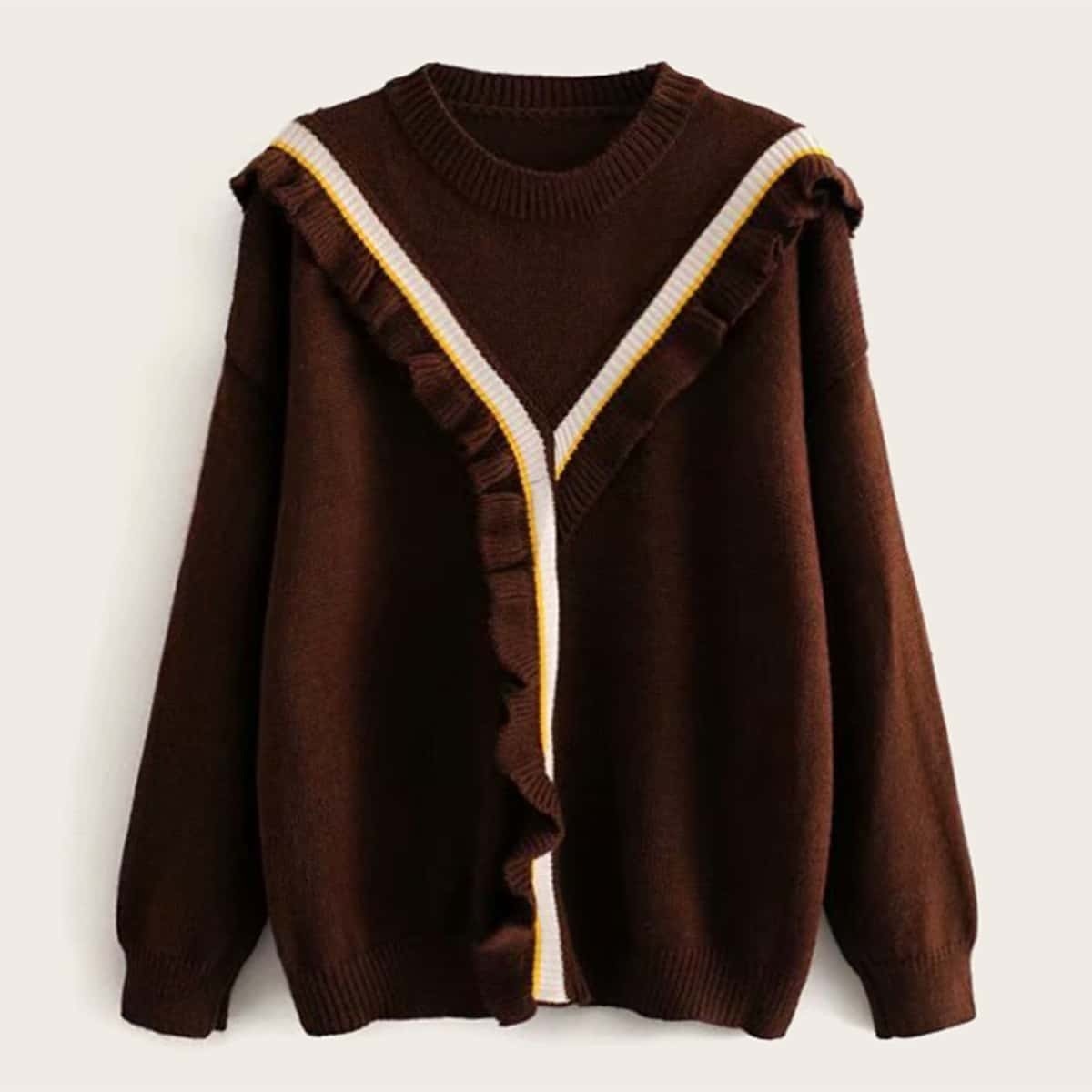 

Frill Trim Y Pattern Drop Shoulder Sweater, Brown