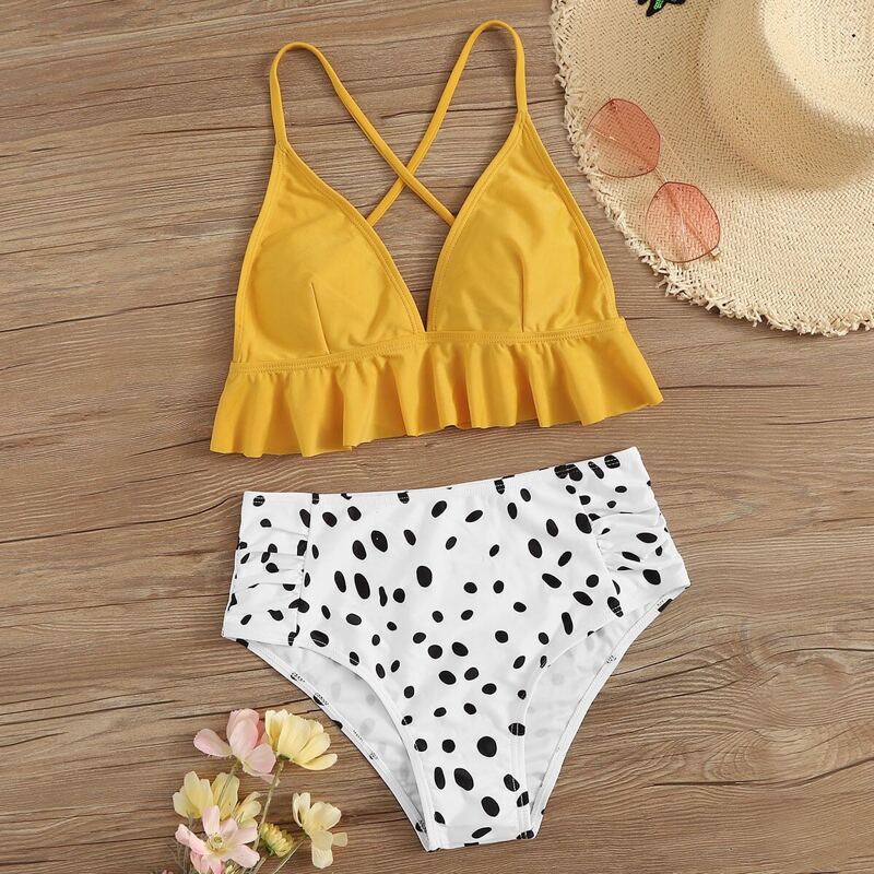 

Ruffle Trim Criss Cross Top With Dalmation Print Bikini, Multicolor