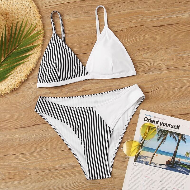 

Contrast Striped Triangle Top With High Cut Bikini Set, Black and white