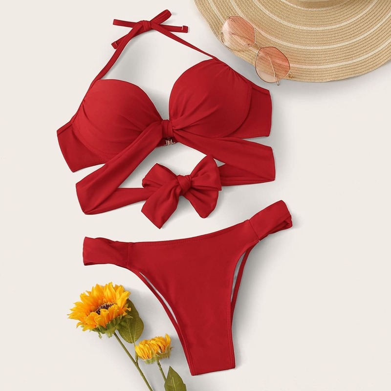 

Knot Back Halter Top With High Cut Bikini Set, Red