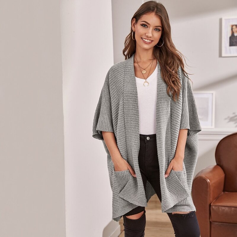 

Batwing Sleeve Rib-knit Pocket Cardigan, Grey