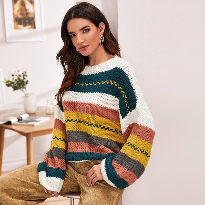 

Striped Color-block Drop Shoulder Jumper, Multicolor