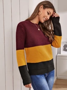 SHEIN Color Block Rib-knit Sweater - Multicolor - View 3