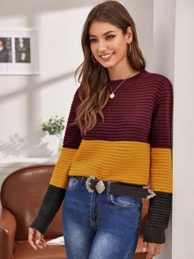 SHEIN Color Block Rib-knit Sweater - Multicolor - View 5