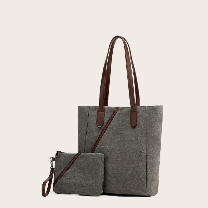 

PU Panel Tote Bag With Clutch, Grey