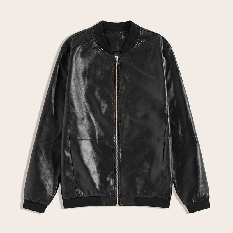

Guys Zip-up PU Bomber Jacket, Black