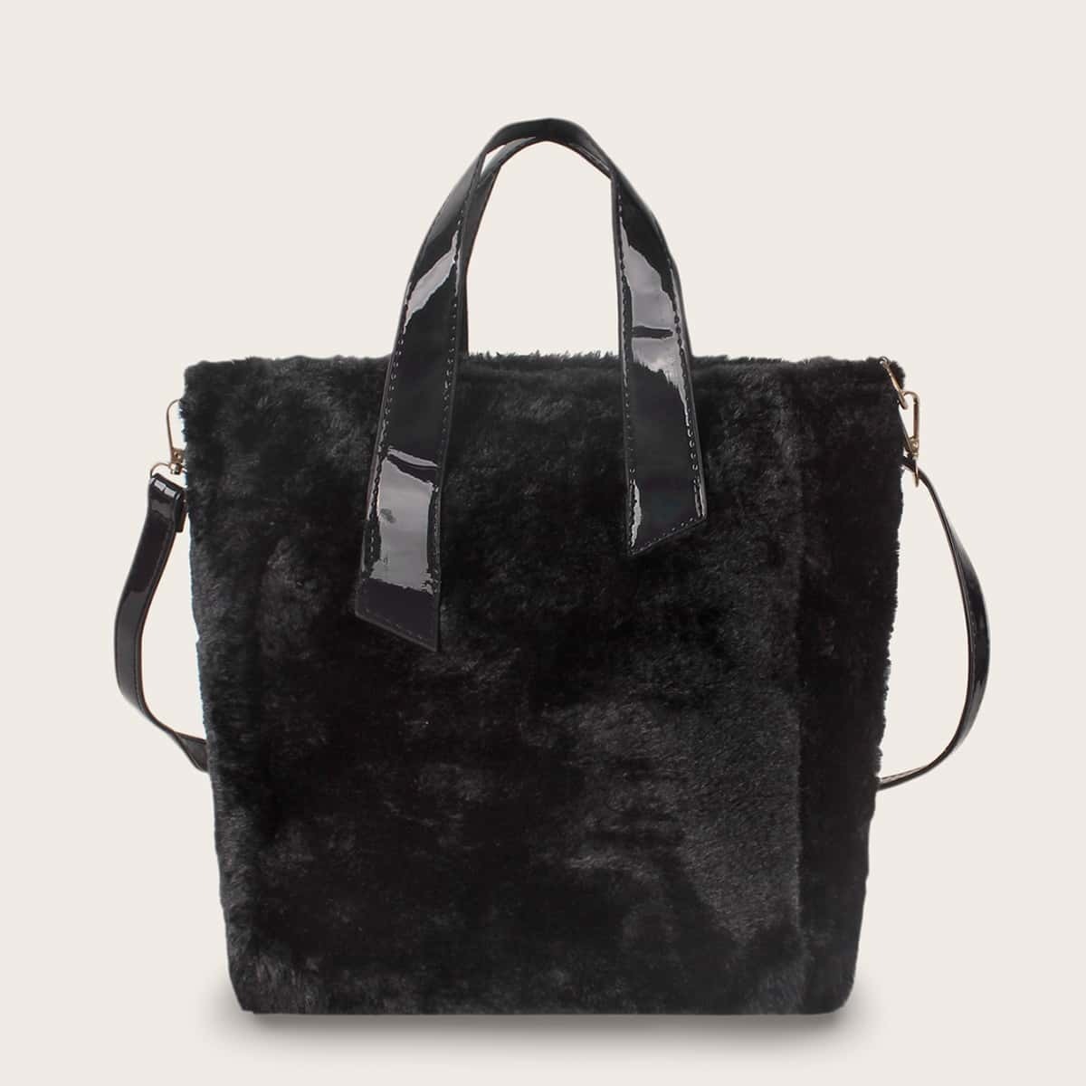 

Faux Fur Fluffy Satchel Bag, Black