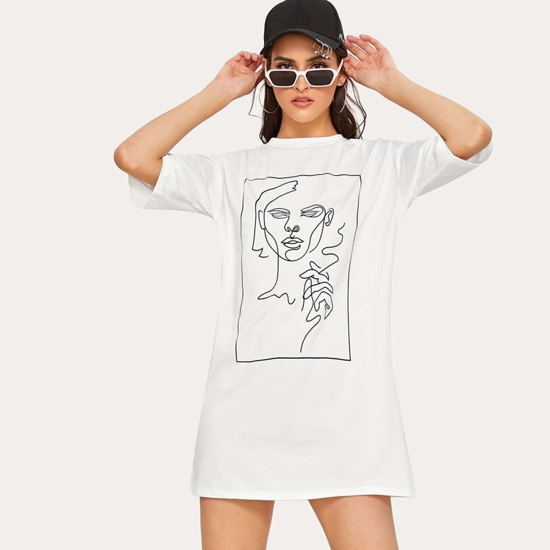 

Abstract Figure Print Tee Dress, White
