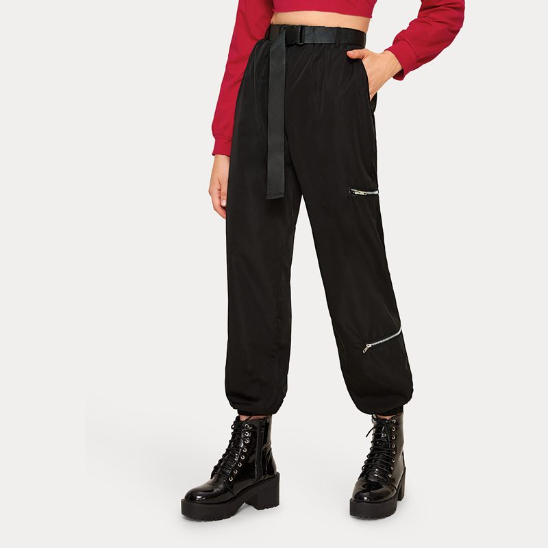

Solid Zip Detail Buckle Belted Cargo Pants, Black