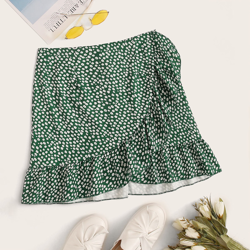 

Ditsy Floral Print Ruffle Hem Skirt, Green