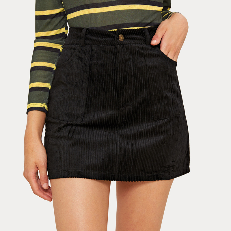 

Solid High Rise Corduroy Mini Skirt, Black