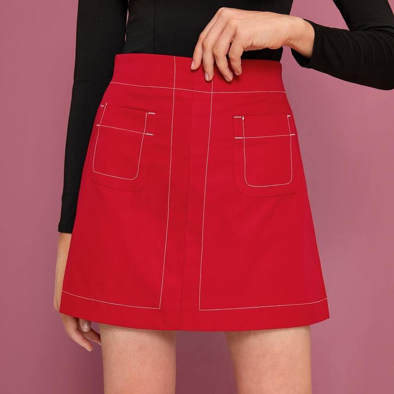 

Solid Pocket Front Mini Skirt, Red