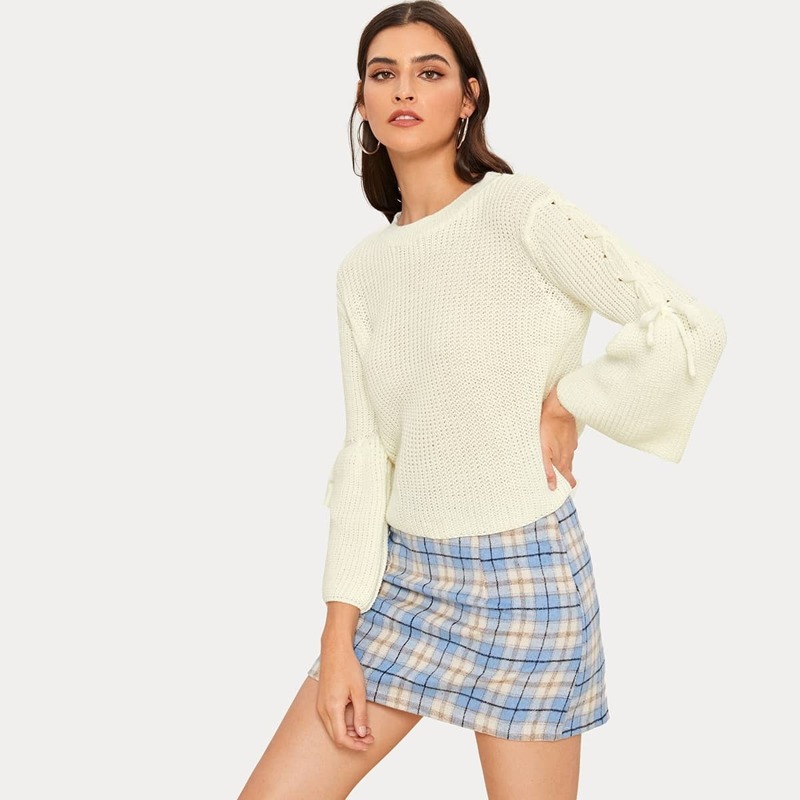 

Solid Lace-up Sleeve Jumper, White